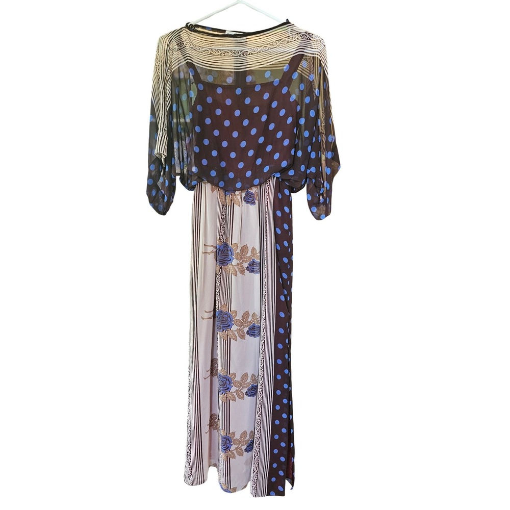 Celeste Vintage Boho Maxi Dress Polka Dot Floral Striped‎ Sheer Overlay Medium